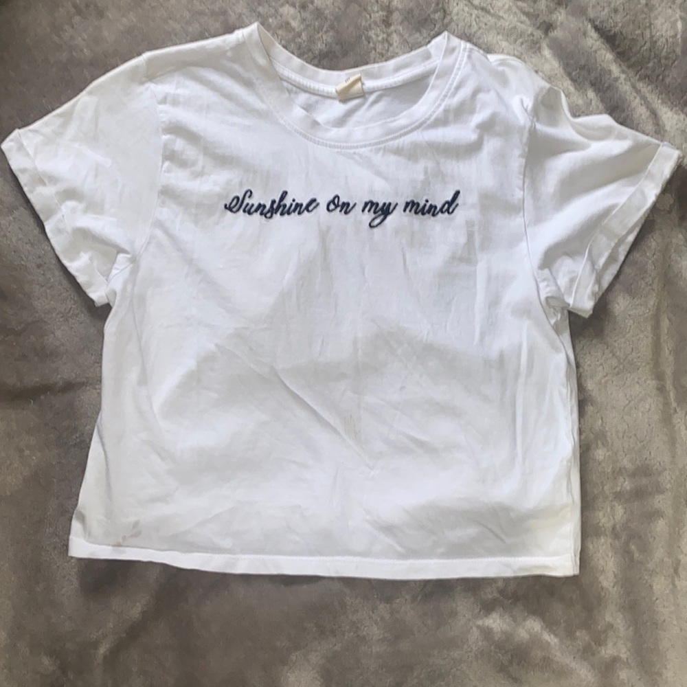 White “sunshine on my mind” w/ sunflowers on the back